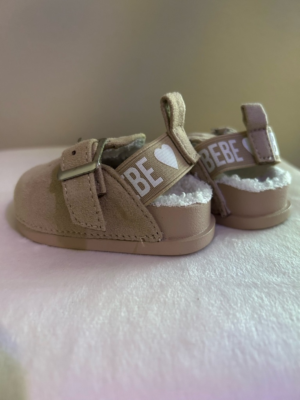 bebe Beige Suede Baby Slip-On Shoes with Shearling Trim